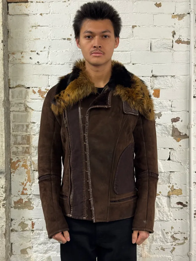 2000s Roberto Cavalli Fur Shearling Brown Leather Jacket - Image 2