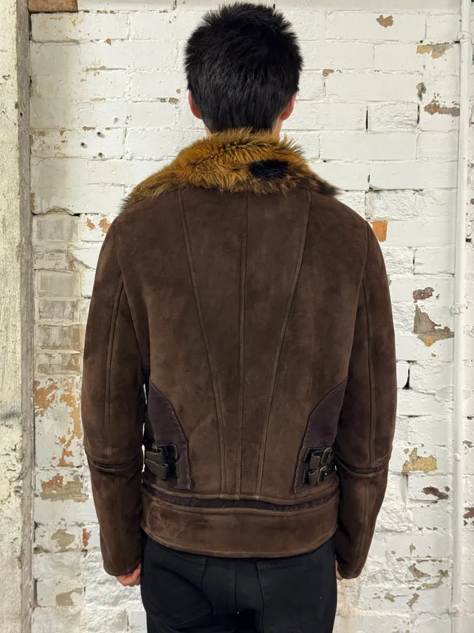 2000s Roberto Cavalli Fur Shearling Brown Leather Jacket - Image 3