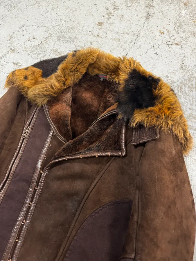 2000s Roberto Cavalli Fur Shearling Brown Leather Jacket - Image 5