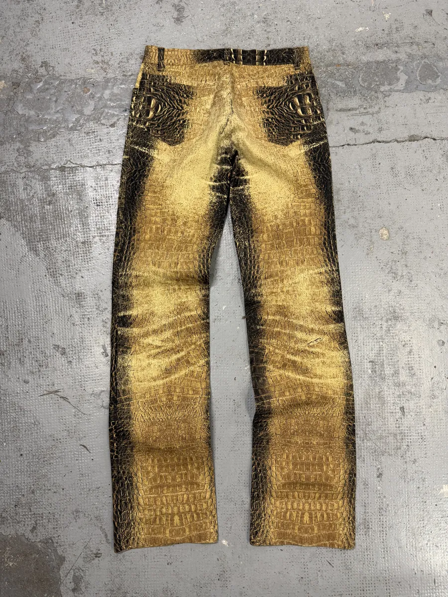 2000s Roberto Cavalli Gold Crocodile Effect Pants - Image 2