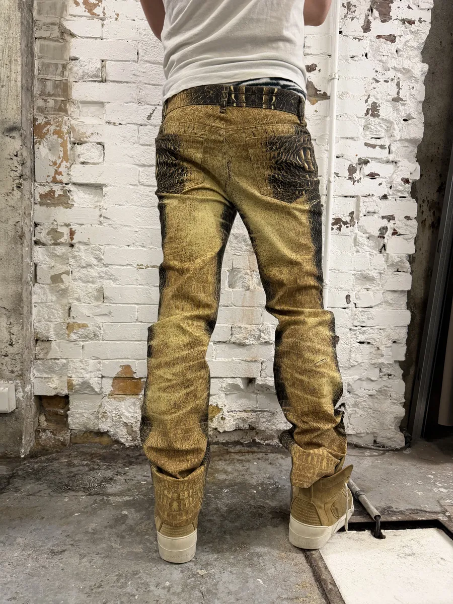 2000s Roberto Cavalli Gold Crocodile Effect Pants - Image 3