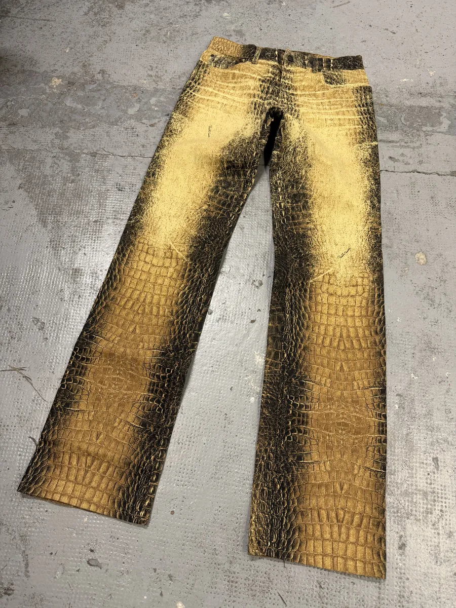 2000s Roberto Cavalli Gold Crocodile Effect Pants - Image 6