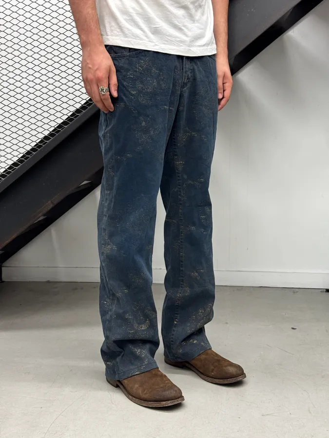 2000s Roberto Cavalli Gold Mosaic Navy Denim Jeans - Image 2