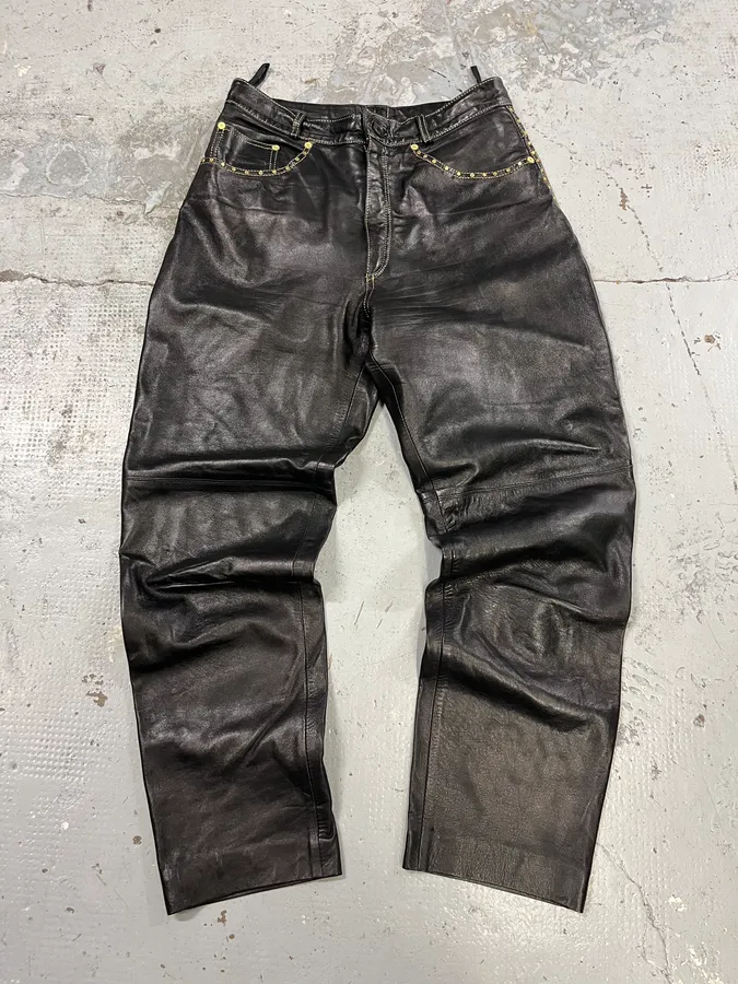 2000s Roberto Cavalli Gold studded Black Leather Pant - Image 2