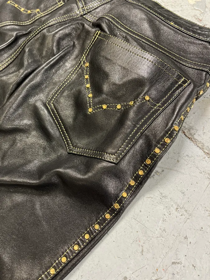 2000s Roberto Cavalli Gold studded Black Leather Pant - Image 9