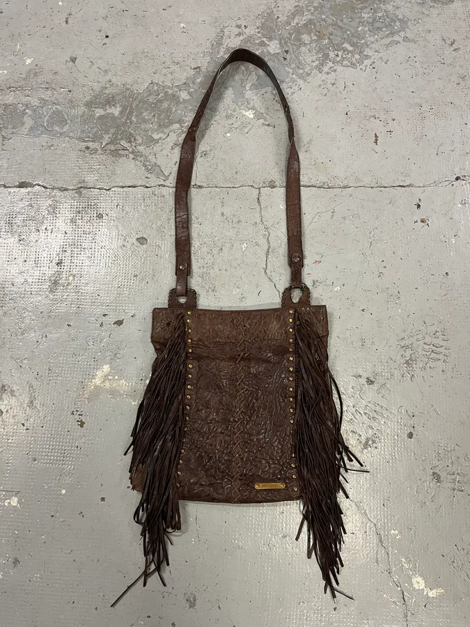 2000s Roberto Cavalli Grain Brown Leather Fringe Shoulder Bag - Image 2