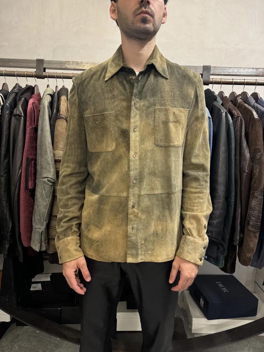 2000s Roberto Cavalli Green Faded Dust Leather Shirt - Image 3