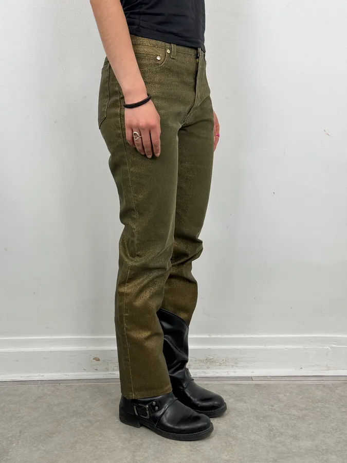 2000s Roberto Cavalli Green & Gold Shiny Overprint Pants - Image 3