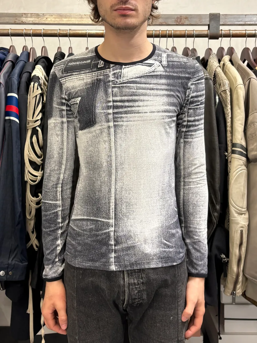 2000s Roberto Cavalli Grey Denim Trompe L’Oeil Longsleeves - Image 2