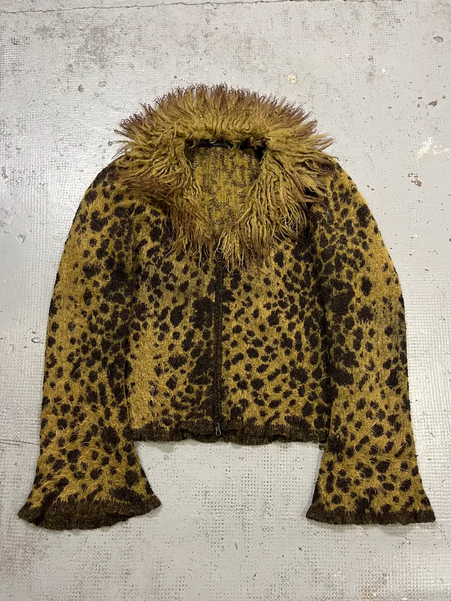 2000s Roberto Cavalli Khaki Mohair Leopard Print Cardigan