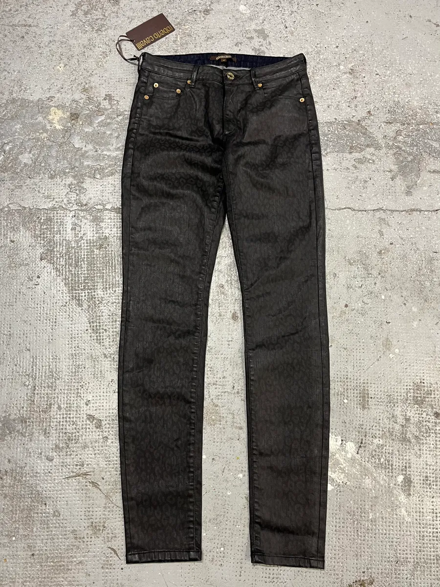 2000s Roberto Cavalli Leopard Dark Waxed Jeans - Image 5
