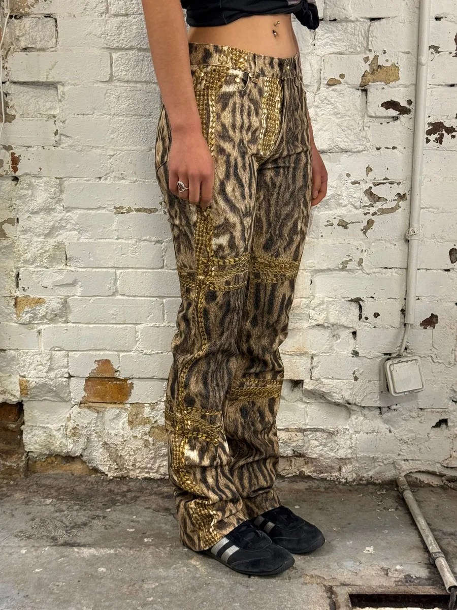 2000s Roberto Cavalli Leopard & Gold Chains Pants - Image 2