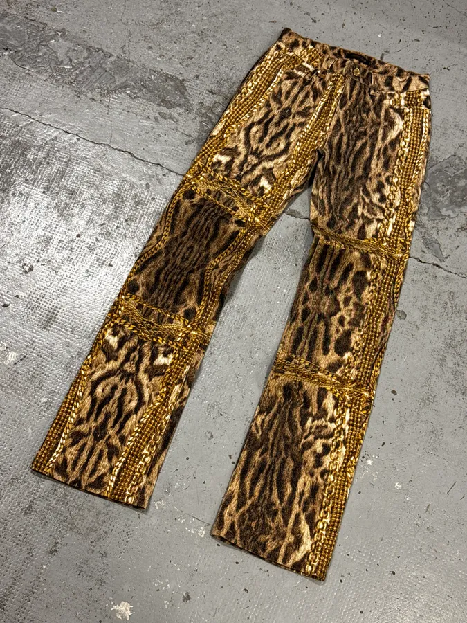2000s Roberto Cavalli Leopard & Gold Chains Pants - Image 6