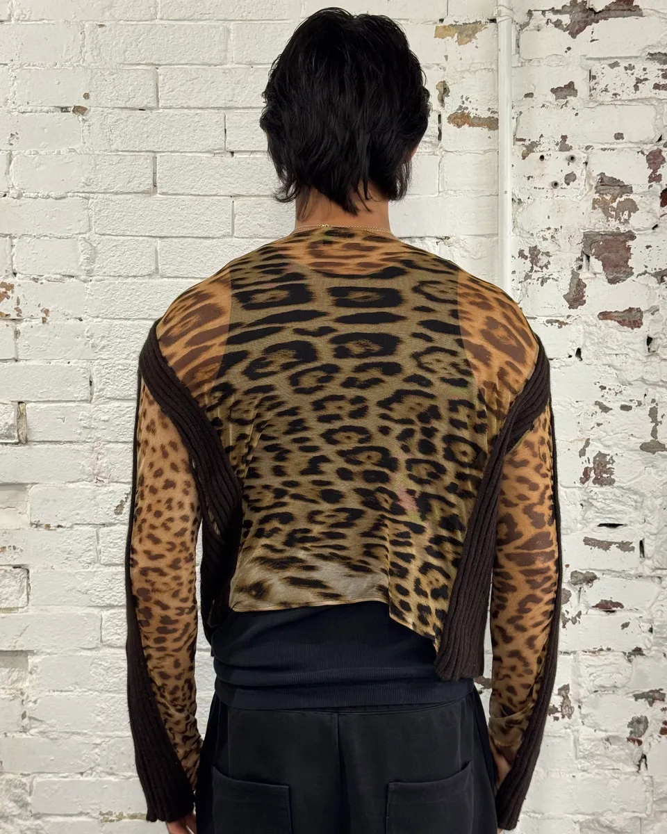 2000s Roberto Cavalli Leopard Print Ribbed Brown Knit Sweater - Image 3