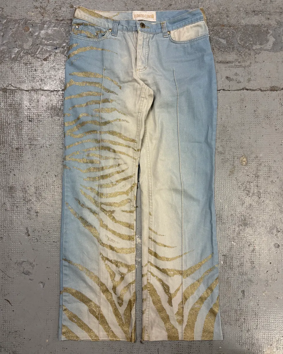 2000s Roberto Cavalli Light Blue Denim Gold Zebra Print Jeans