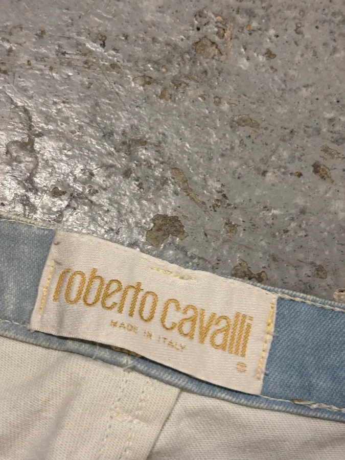 2000s Roberto Cavalli Light Blue Denim Gold Zebra Print Jeans - Image 10