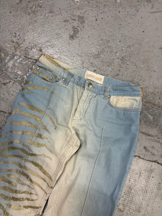2000s Roberto Cavalli Light Blue Denim Gold Zebra Print Jeans - Image 5