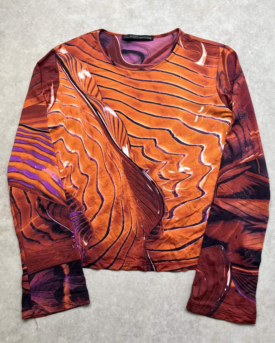 2000s Roberto Cavalli Orange Abstract Wave Longsleeve