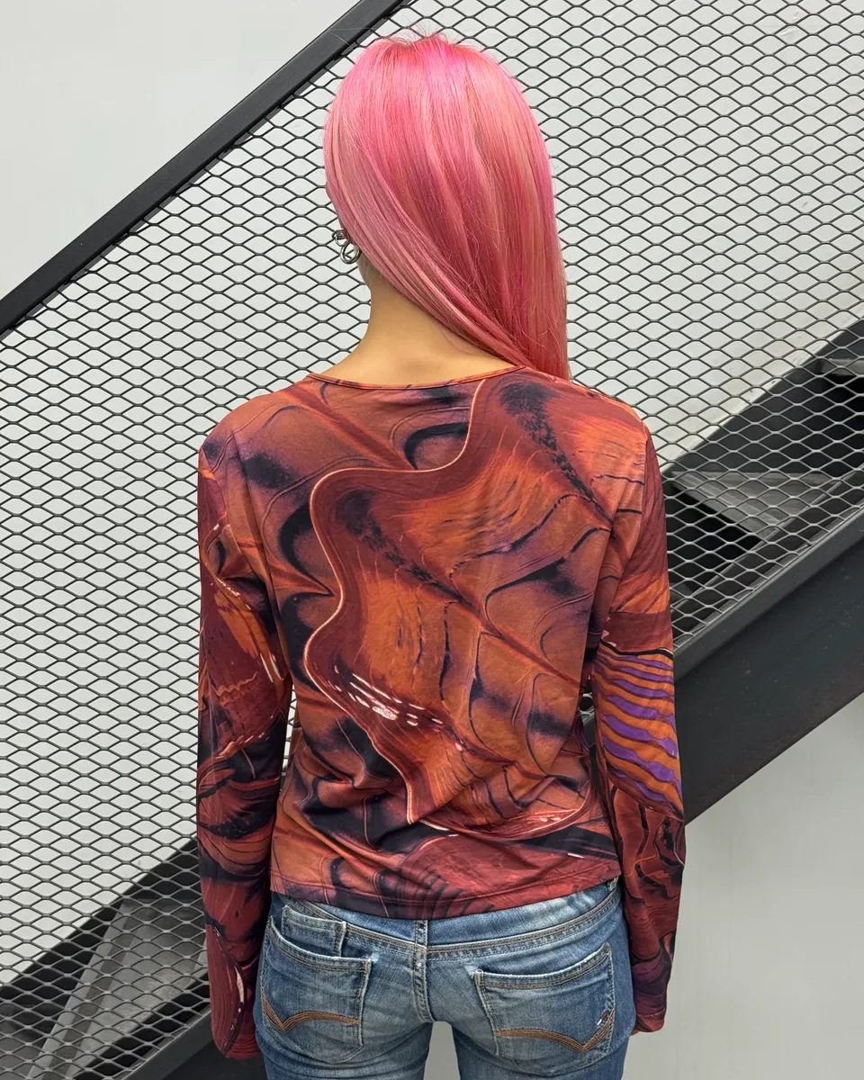 2000s Roberto Cavalli Orange Abstract Wave Longsleeve - Image 3