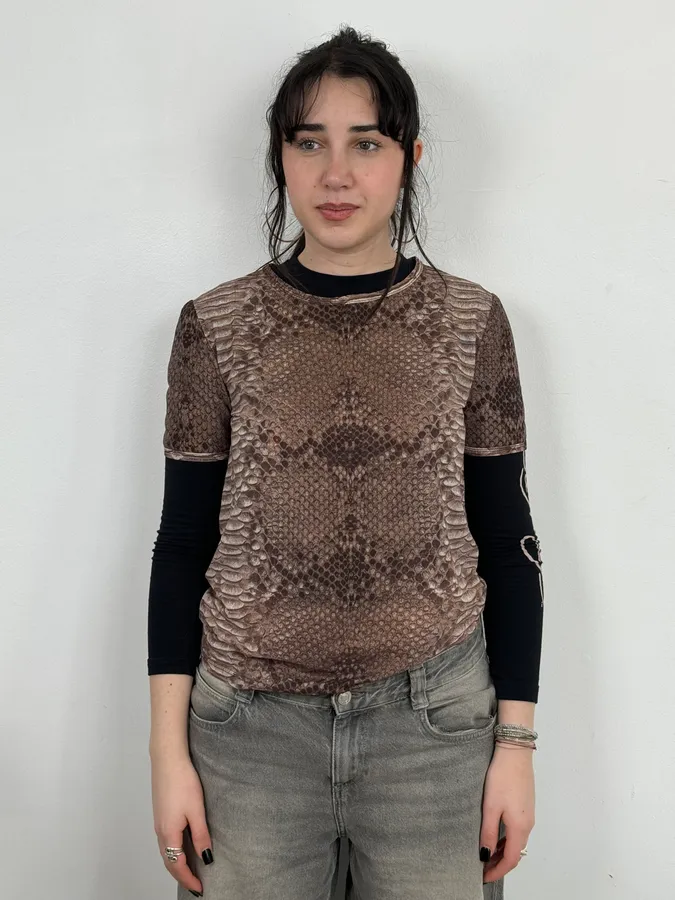 2000s Roberto Cavalli Python Snake Brown T-Shirt - Image 3