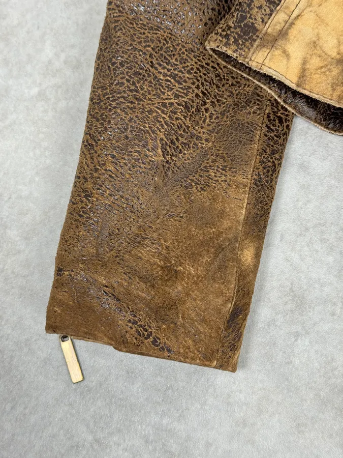2000s Roberto Cavalli Raw Brown Leather Patchwork Lining Jacket - Image 11