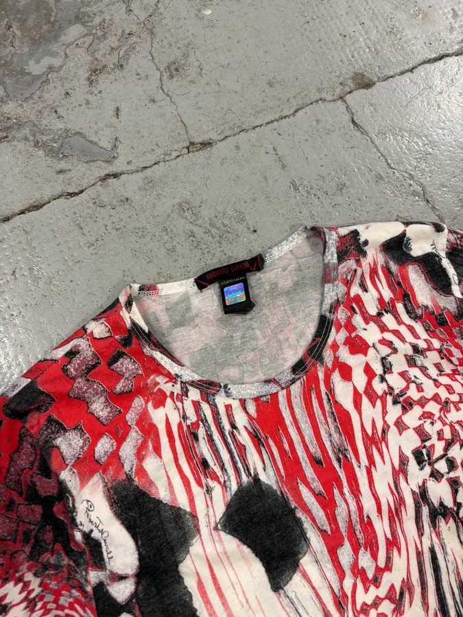 2000s Roberto Cavalli Red & Black Abstract Geometric T-Shirt - Image 5