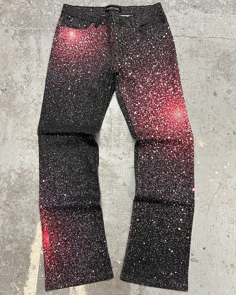 2000s Roberto Cavalli Red Galaxy Expansion Embellished Pants