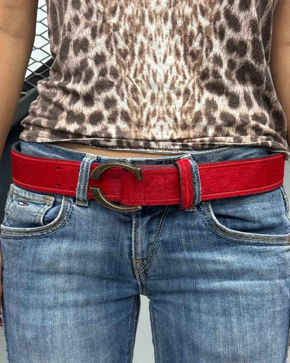 2000s Roberto Cavalli Red Pony Hair Leather Belt - Image 2