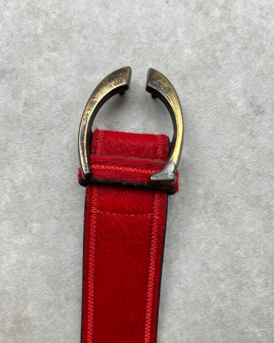 2000s Roberto Cavalli Red Pony Hair Leather Belt - Image 5