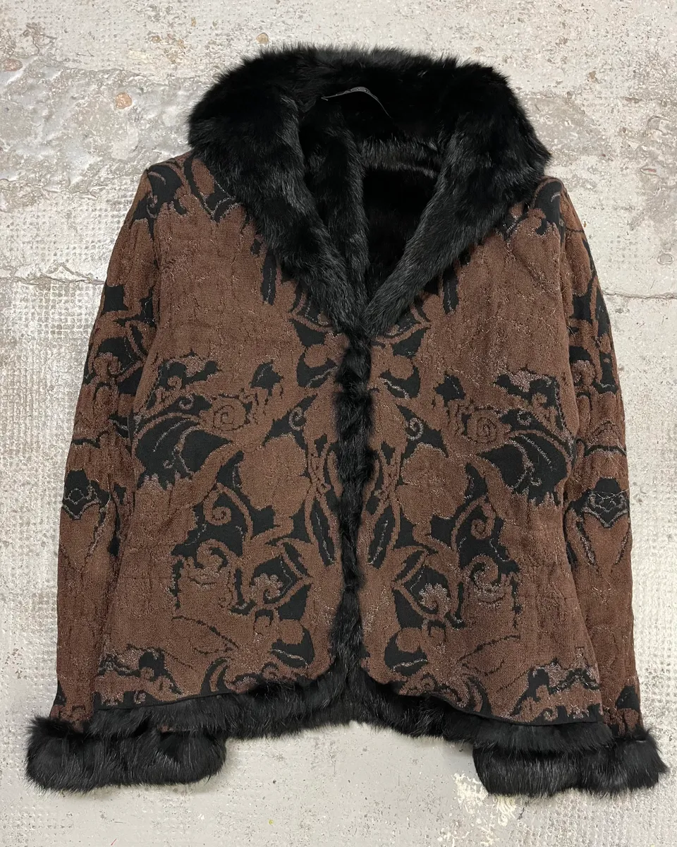 2000s Roberto Cavalli Reversible Black Fur Puffer & Ornament Brown Jacket - Image 7