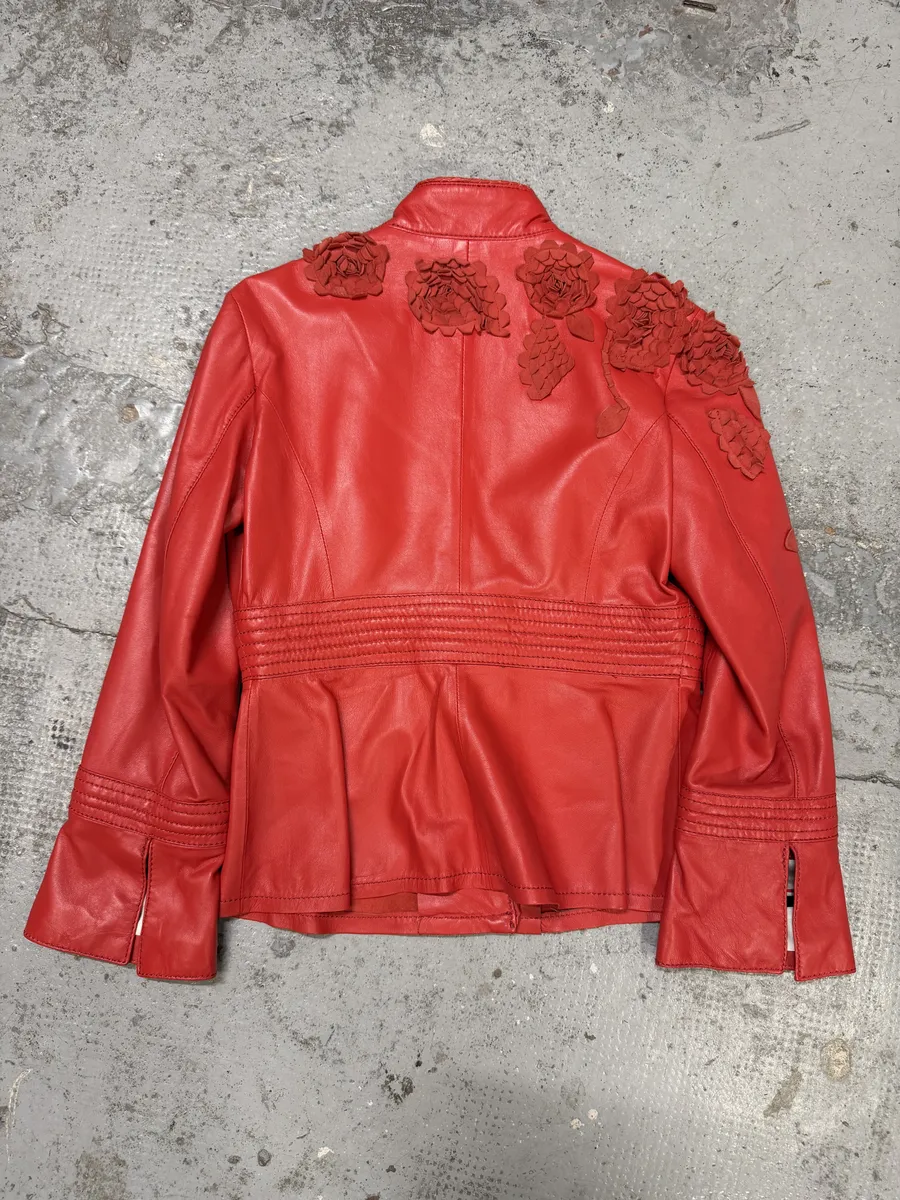 2000s Roberto Cavalli Roses Flowers Patchwork Red Leather Jacket - Image 2