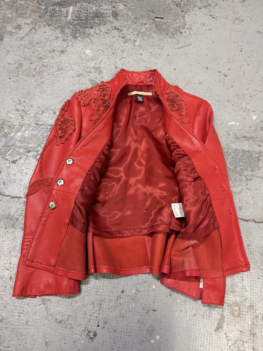 2000s Roberto Cavalli Roses Flowers Patchwork Red Leather Jacket - Image 5