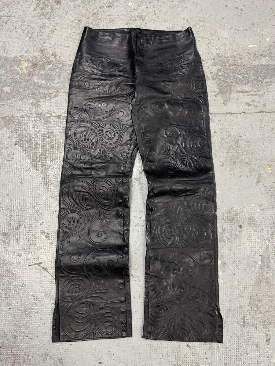 2000s Roberto Cavalli Tribal Floral Black Leather Pants