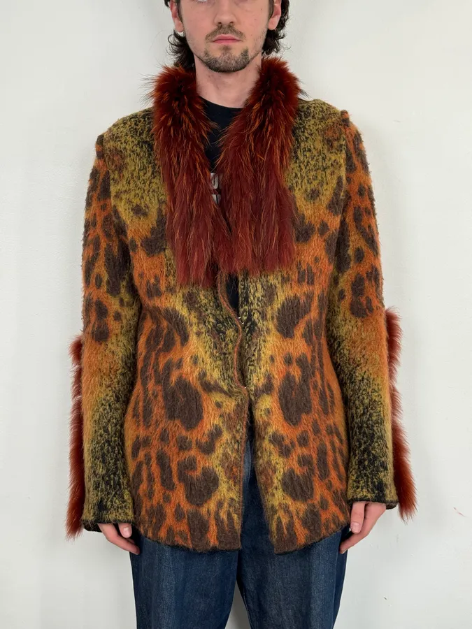 2000s Roberto Cavalli Vulcano Orange Leopard Fur Collar Mohair & Wool Cardigan Jacket - Image 3