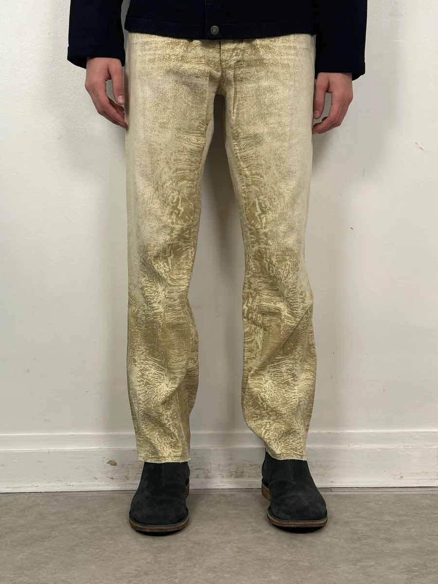 2000s Roberto Cavalli White & Beige Marble Abstract Pants - Image 2