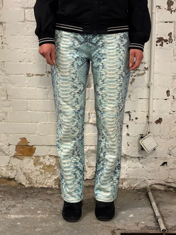 2000s Roberto Cavalli White & Blue Snakeskin Effect Pants