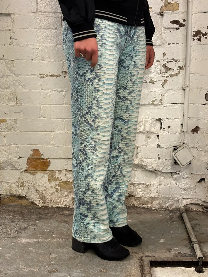 2000s Roberto Cavalli White & Blue Snakeskin Effect Pants - Image 2