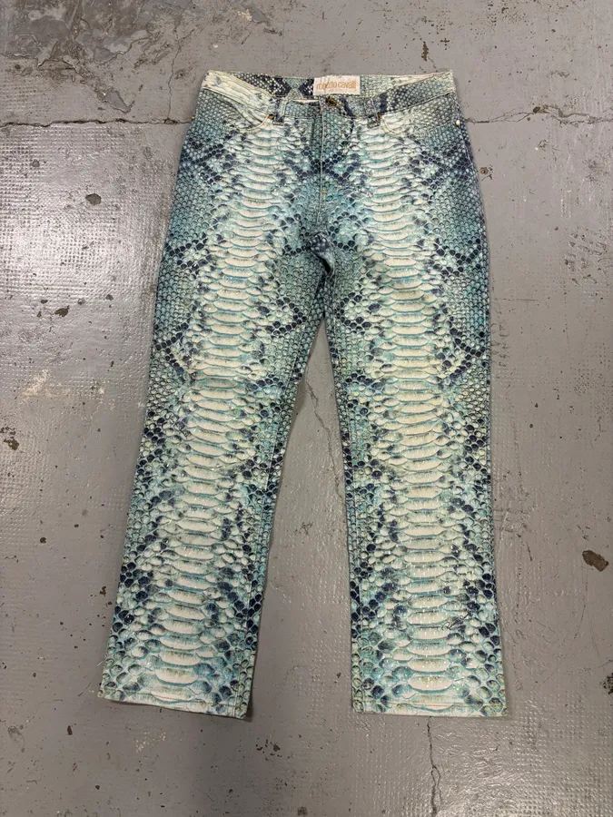 2000s Roberto Cavalli White & Blue Snakeskin Effect Pants - Image 3
