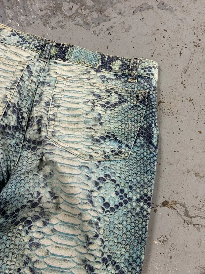 2000s Roberto Cavalli White & Blue Snakeskin Effect Pants - Image 7