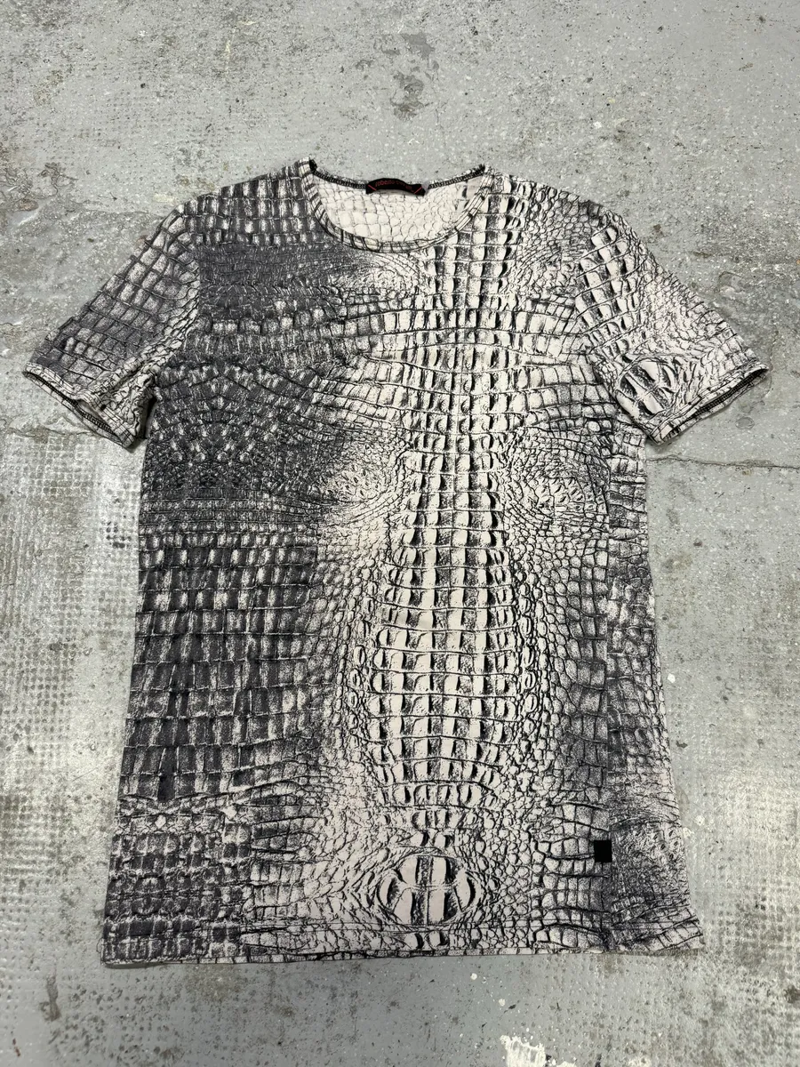2000s Roberto Cavalli White & Grey Crocodile Effect T-Shirt