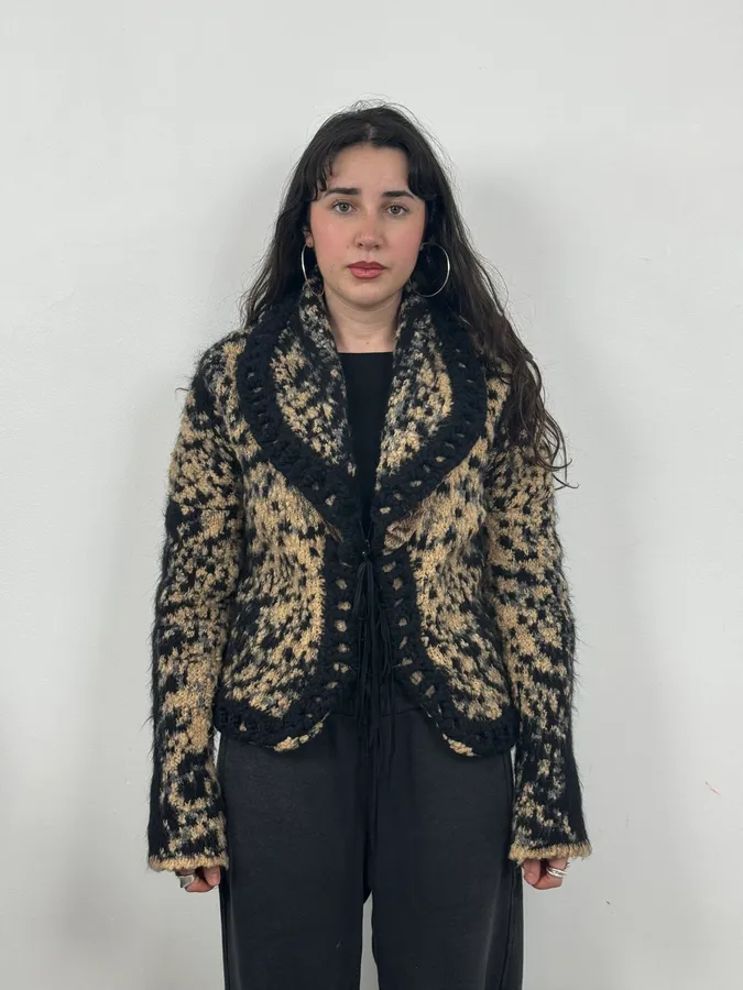 2000s Roberto Cavalli Wool Black & Beige Cardigan - Image 2
