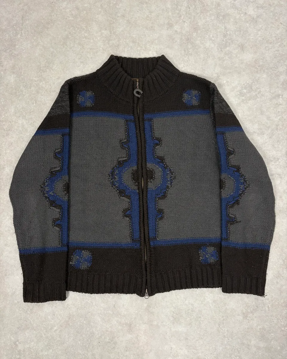 2000s Roberto Cavalli Wool Brown & Grey Signature Zip-up Sweater