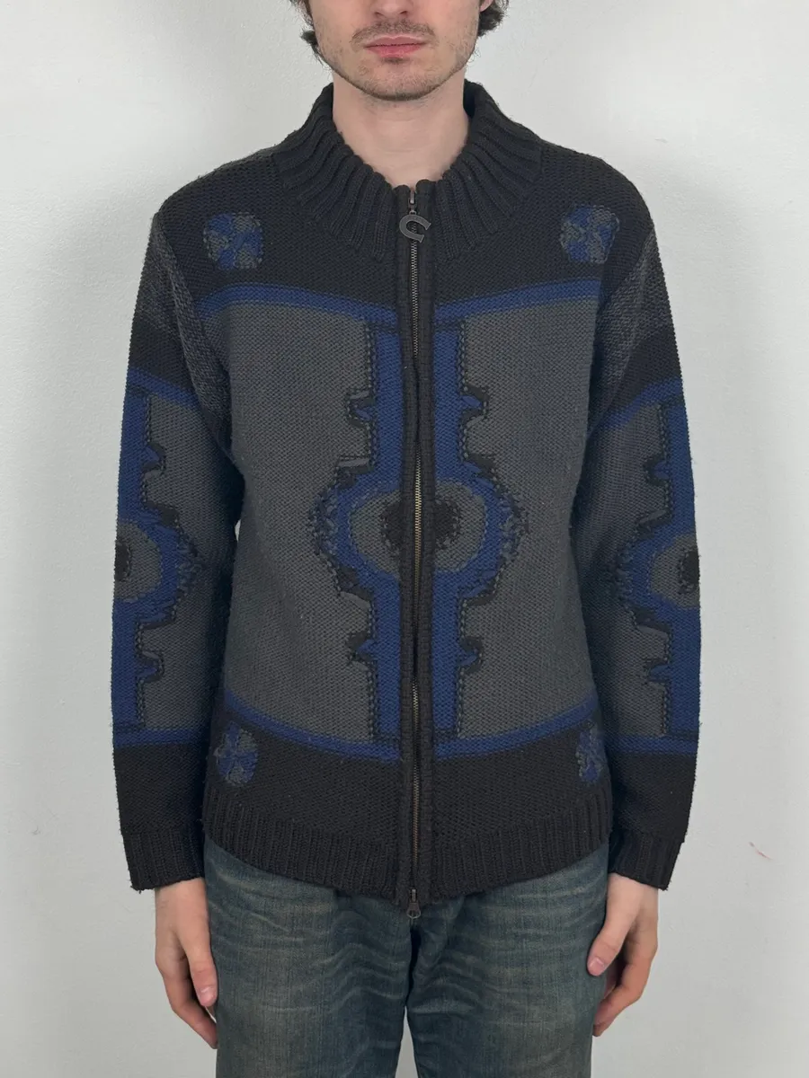 2000s Roberto Cavalli Wool Brown & Grey Signature Zip-up Sweater - Image 2
