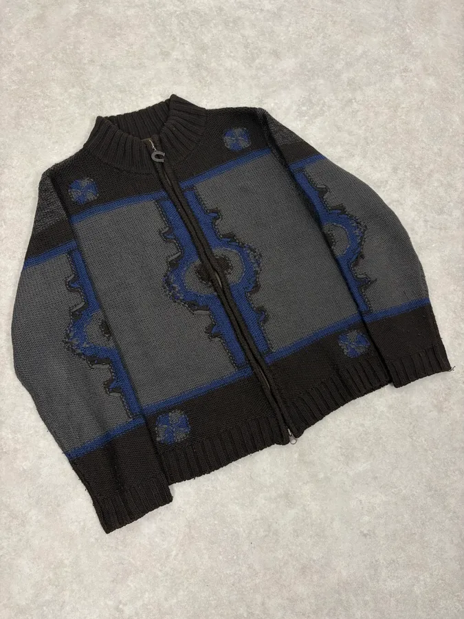 2000s Roberto Cavalli Wool Brown & Grey Signature Zip-up Sweater - Image 4