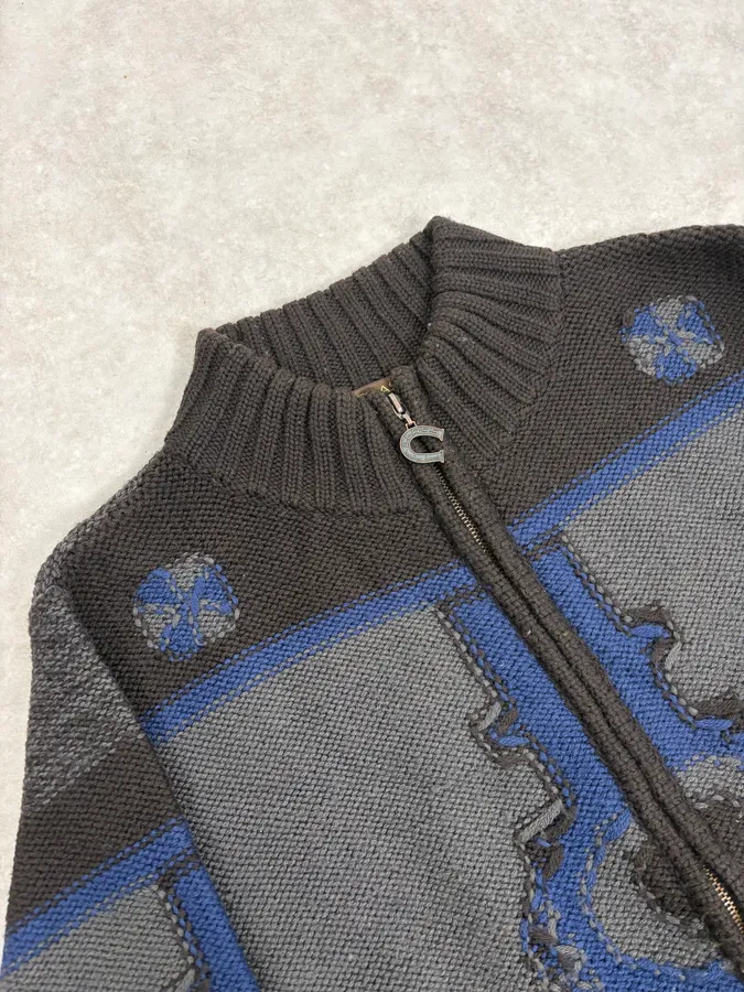 2000s Roberto Cavalli Wool Brown & Grey Signature Zip-up Sweater - Image 5