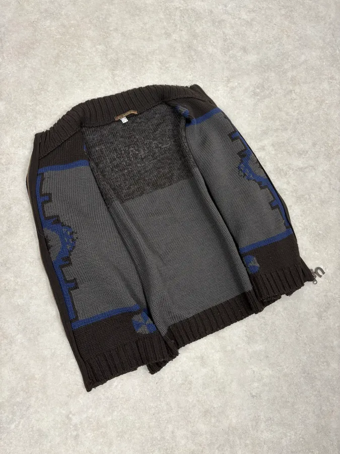 2000s Roberto Cavalli Wool Brown & Grey Signature Zip-up Sweater - Image 7