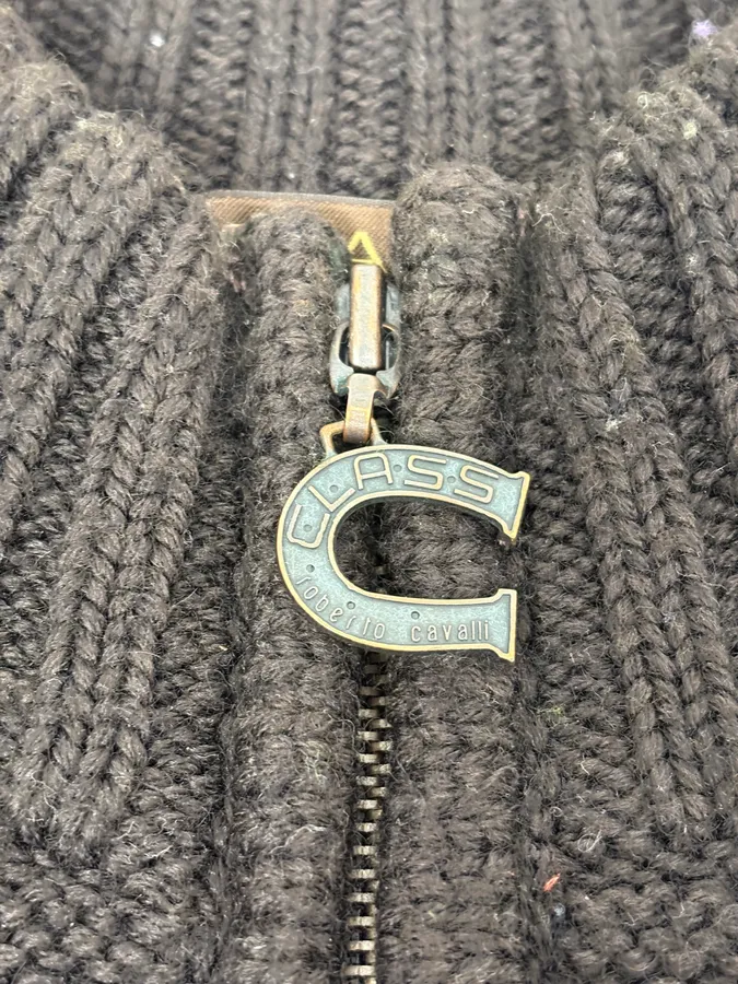 2000s Roberto Cavalli Wool Brown & Grey Signature Zip-up Sweater - Image 9