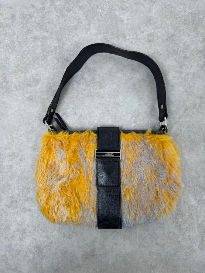 2000s Roberto Cavalli Yellow Fur Leather Handle Bag