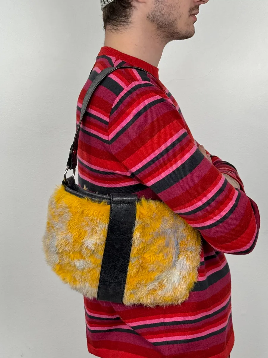 2000s Roberto Cavalli Yellow Fur Leather Handle Bag - Image 2