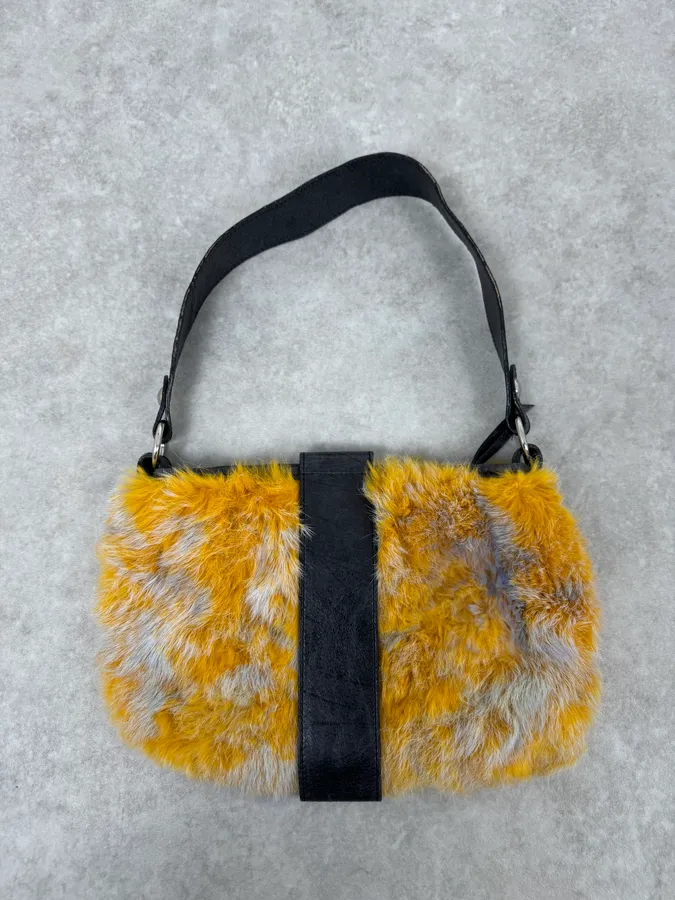 2000s Roberto Cavalli Yellow Fur Leather Handle Bag - Image 6